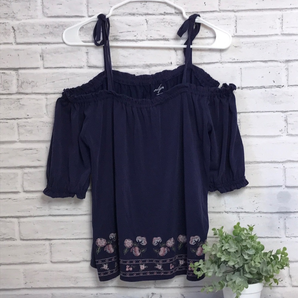 Navy Blue Embroidered Flowy Cold Shoulder Top